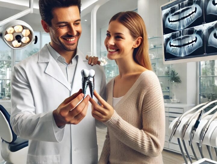 Ankara'da diş implantı tedavisi sırasında doktor ve hasta, modern klinik ortam
