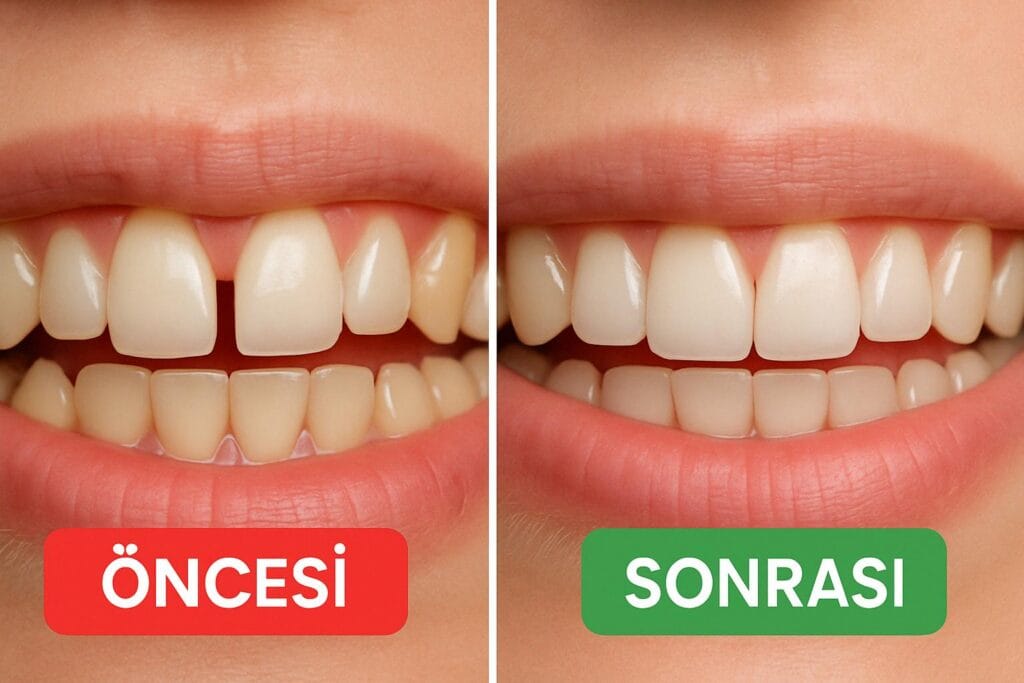 5 Adımda Ayrık Diş Tedavisi Rehberi 4 Geniş aralıklı ayrık diş tedavisi öncesi ve sonrası karşılaştırmalı gülümseme görseli – büyük boşluk tedaviyle kapanmış.