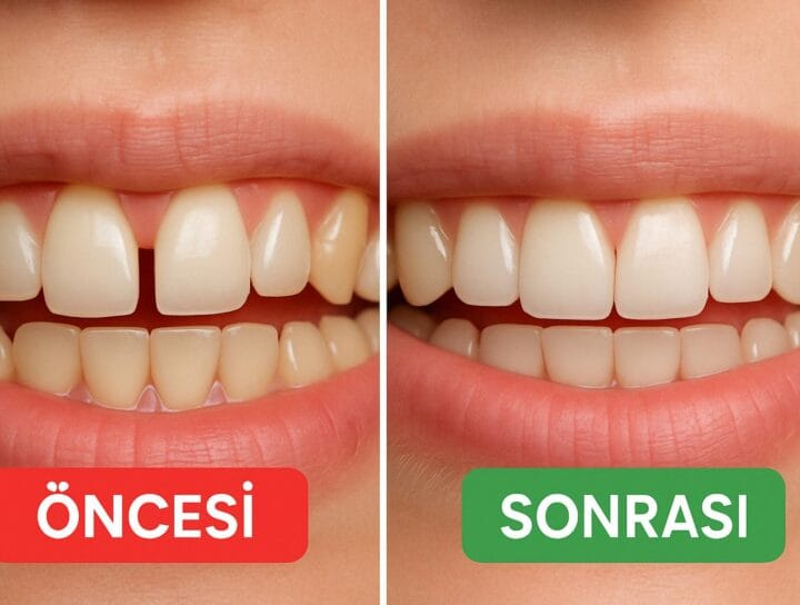 5 Adımda Ayrık Diş Tedavisi Rehberi 8 Geniş aralıklı ayrık diş tedavisi öncesi ve sonrası karşılaştırmalı gülümseme görseli – büyük boşluk tedaviyle kapanmış.