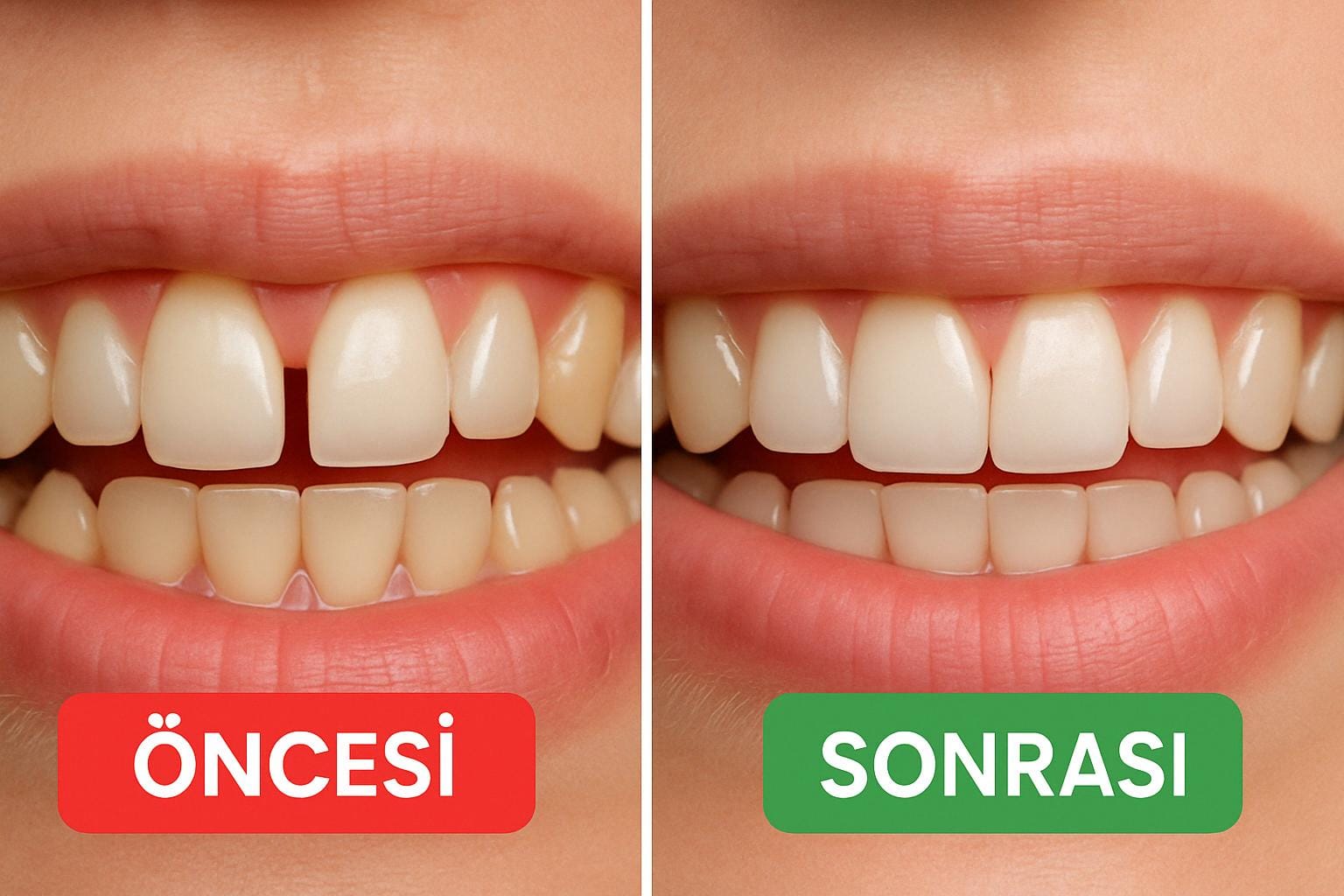 5 Adımda Ayrık Diş Tedavisi Rehberi 6 Geniş aralıklı ayrık diş tedavisi öncesi ve sonrası karşılaştırmalı gülümseme görseli – büyük boşluk tedaviyle kapanmış.