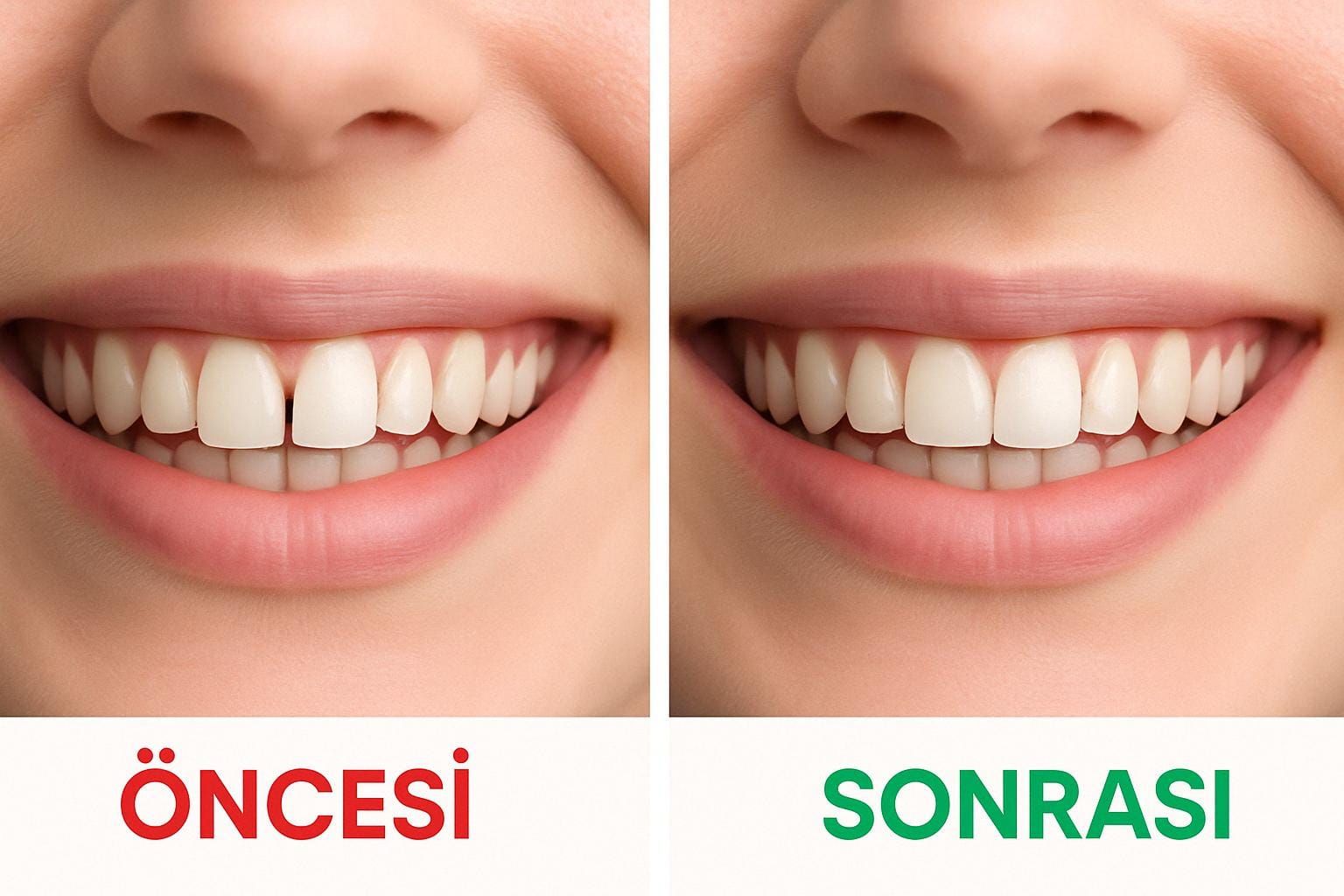 5 Adımda Ayrık Diş Tedavisi Rehberi 5 Ayrık diş tedavisi öncesi ve sonrası gülümseme görseli – ortadaki dişler arasındaki boşluk kapanmış, beyaz ve hizalı dişler.
